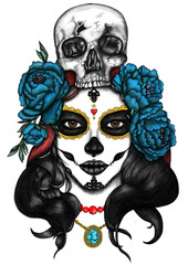 Catrina con peonias, ilustración realizada en photoshop.
Diseño para tatuajes, maquillaje y publicidad
Día de los Muertos, Mexican holiday Day of the Dead and Halloween