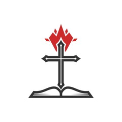 Christian illustration. Church logo. The cross of the Lord Jesus Christ, an open Bible and a flame of fire are a symbol of the Holy Spirit.