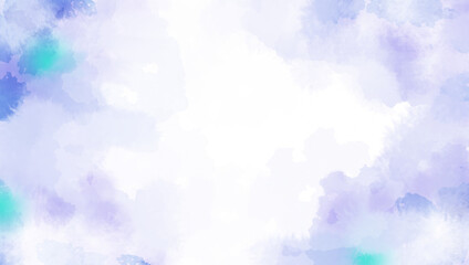 watercolor background in violet and blue colors, soft pastel color splash and blotches with fringe bleed painting in abstract clouds shapes with paper