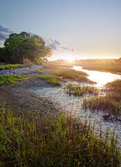 View of the marsh waterways in the Low Country near Charleston SC at sunset