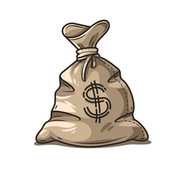 Full sack of cash money corded with rope. Banking concept cartoon icon of moneybag with dollar currency sign. Isolated on white transparent background. Illustration.