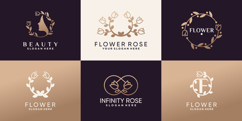 Fototapeta na wymiar Set bundle of beauty and flower rose logo design with linear style and creative unique concept Premium Vector