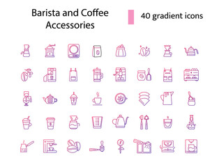 Barista and coffee accessories line icons set. Coffee shop equipment. Isolated vector stock illustration