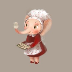 illustration with a pink elephant in a white apron and a chef's hat