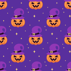 halloween seamless pattern of cute pumpkin with witches hat