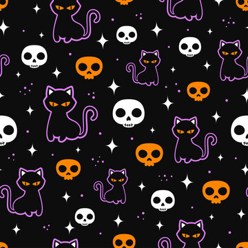 halloween seamless pattern with black cat and skull