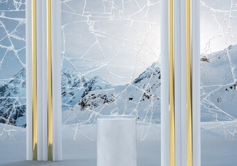 3d Illustration of an podium Frosty Glass in the Middle of Snowy Mountains. 3d rendering