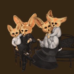 illustration with fennec family in retro costumes