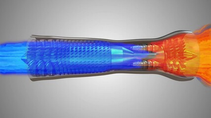 Working of turbine engine showing aerodynamics visualization and thrust flow fan blades with temperature ramp map and particles flow