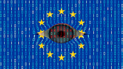 European Union flag with binary data and big brother data surveillance - obrazy, fototapety, plakaty