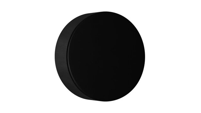 Realistic looping 3D animation of the classic black ice hockey puck rendered in UHD with alpha matte
