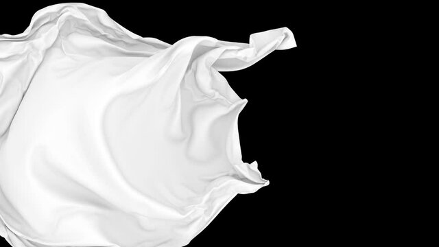 Realistic 3D animation of the matte white cloth as fly away opener rendered in UHD with alpha matte