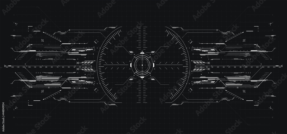 Aufkleber HUD, GUI, FUI Modern Aiming System with Device tilt level. Futuristic Head-up display design. Spaceship, drone, helmet, crosshair, aim. Techno target screen element. VR design for video games. Vector
