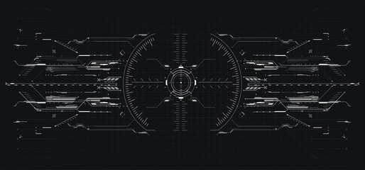 HUD, GUI, FUI Modern Aiming System with Device tilt level. Futuristic Head-up display design. Spaceship, drone, helmet, crosshair, aim. Techno target screen element. VR design for video games. Vector © ZinetroN