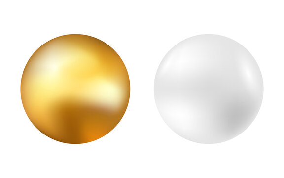 Gold and silver ball. Golden and white spheres on light background. Metal ball or pearl. Realistic 3d circle with shine. Cosmetics packaging design. Vector illustration