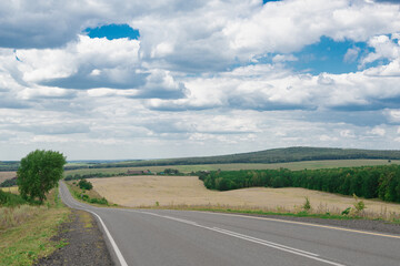 The road to the distance. Forest fields and clouds.