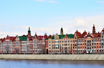 A panorama of the Dutch-style building along the Bruges waterfront. Russia Yoshkar Ola 01.05.2021. High quality photo