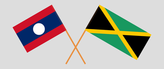Crossed flags of Laos and Jamaica. Official colors. Correct proportion