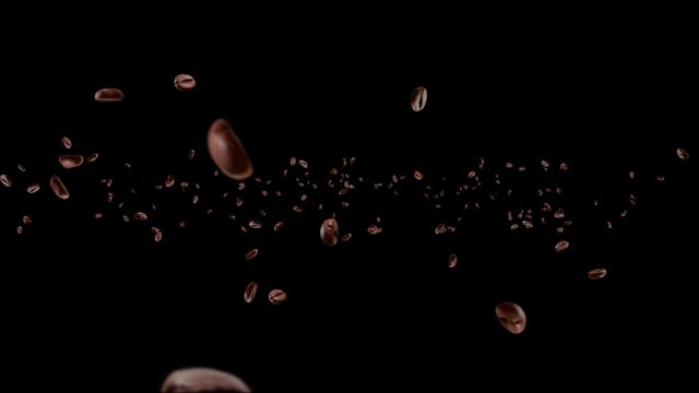 4K Falling realistic coffee beans loop background Animation green screen. Energy stimulant and smooth java concept. Represent breakfast for energy and freshness concept.