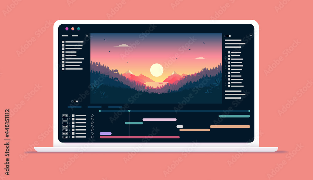 Aufkleber Video software on computer screen - Application for editing videos with timeline and user interface on laptop. Vector illustration