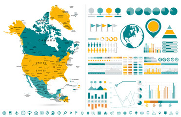 North America Map and Infographics design elements