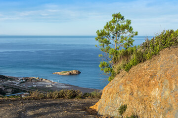 A dirt road in a mountain overlooking the blue sea and the island, a pine tree in the mountain, the...