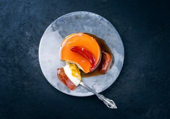 Modern style traditional blancmange almond pudding with quince moraba ye beh and quince gelee...