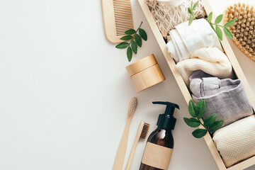 Natural organic SPA beauty products set and eco bags on white background. Sustainable lifestyle...