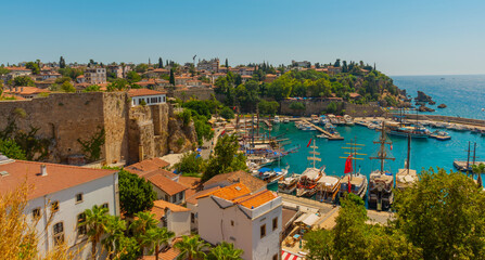 ANTALYA, TURKEY: Top view of the old Harbor in Antalya on a sunny summer day.