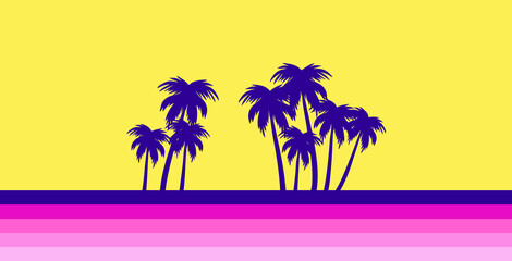 Vacation time. Beach and Summer background. Trendy Sunset with palm treess silhouette. Sunset with colorful beach and palms. Vector illustration. Ideal for print, poster, wallpaper, fabric, fashion.