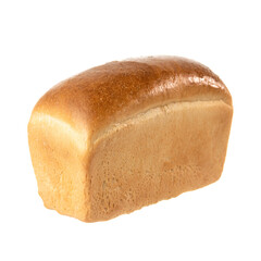 Golden wheat brick shaped bread bread. Whole loaf of bread isolated on white background.