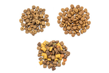 variation domestic animals dry food isolated on white background. dry cat feed cut out. above view. collection