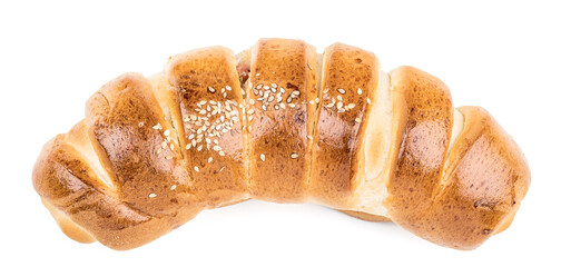 rolled cheese and ham bun isolated on white background. bakery cut out