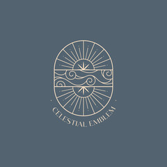 Vector linear boho emblem.Bohemian logo design with cloudy sky,sun and sunburst.Modern celestial icon or symbol in trendy minimalist style.Branding design template.