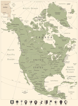 North America Map Olive Color and flat map icons