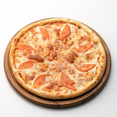 Whole pizza with cheese, tomatoes and minced meat on wooden round cutting board isolated on white background. Classic italian food. Nutrition dinner or lunch. Square format.