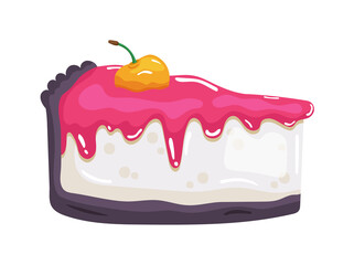 Sweet cheesecake with chocolate icing, cherry, jam on white