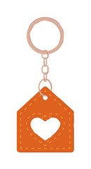 Keychain with leather pendant house locket isolated on white