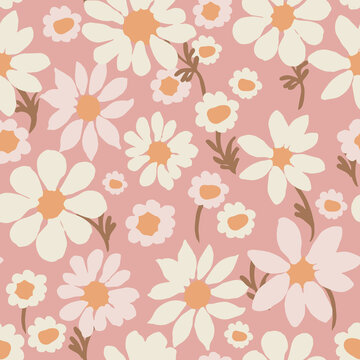 All-over vector seamless repeat pattern with cream daisies of different shapes tossed on a modern dusty pink background