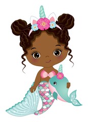 Cute Unicorn African American Mermaid Wearing Horn with Flowers and Holding Whale. Vector Baby Mermaid