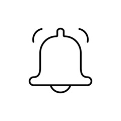 ringing bell linear icon in black, outline illustration on white. Notofication symbol. Isolated on white background. Trendy flat style for app, graphic design, web site, ui, ux. Vector EPS 10