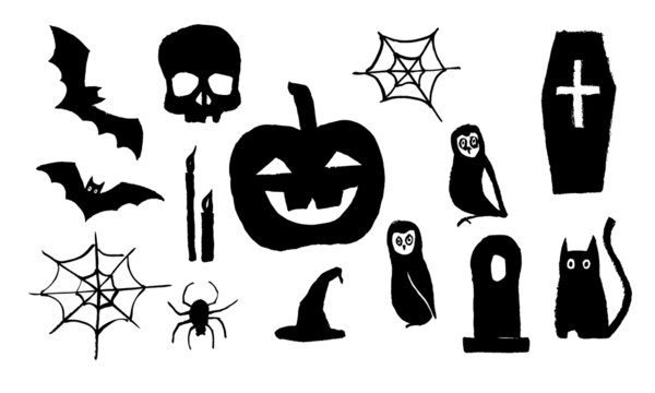 Vector set of images on the theme of Halloween. Pumpkin, skull, spider, cat, owls, coffin, gravestone, bats, candles, witch hat. Black on a white background. Brush strokes. Hand drawing