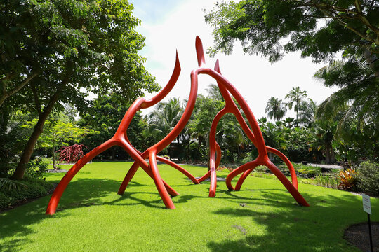 Public art "Steel Root" by artist Steve Tobin on display at the Naples Botanical Gardens in Naples, Florida, USA. 