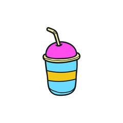 Ice milk takeaway cup with straw, container for coffee shop. Simple design, stroke outline style. Line vector. Isolate on white background