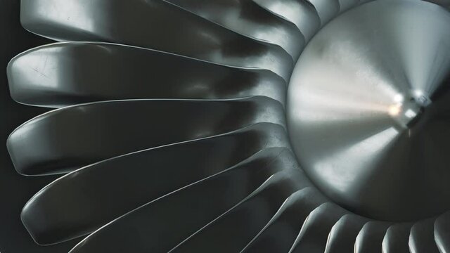 3D Rendering jet engine, close-up view jet engine blades. Closeup shot of spinning jet engine front fan. Loopable 3D animation.