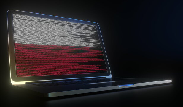 Flag of Poland made with computer code on the laptop screen. Hacking or cybersecurity related 3d rendering