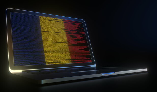 Flag of Romania made with computer code on the laptop screen. Hacking or cybersecurity related 3d rendering