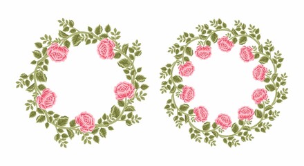 Set of aesthetic, classic, vintage pink rose and peony flower frame and floral wreath vector illustration elements for invitation, decoration, feminine beauty products, garden party, greeting card