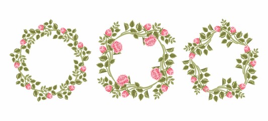 Set of aesthetic, classic, vintage pink rose and peony flower frame and floral wreath vector illustration elements for invitation, decoration, feminine beauty products, garden party, greeting card