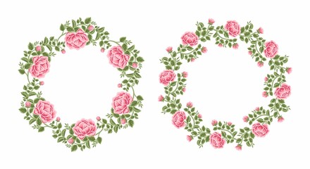 Set of aesthetic, classic, vintage pink rose and peony flower frame and floral wreath vector illustration elements for invitation, decoration, feminine beauty products, garden party, greeting card